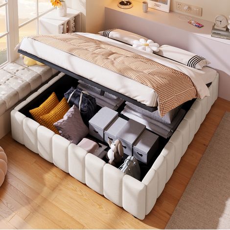 Bett 140x200 cm in Beige mit hydraulischem Stauraum, Leinen, ohne Kopfteil, ohne Matratze (1/5)