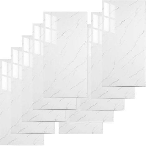 Lot de 10 autocollants pour carrelage - Aspect marbre - 60 x 30 cm - Imperméables - Amovibles - Pour crédence de cuisine, salle de bain, salon - Blanc (1/5)