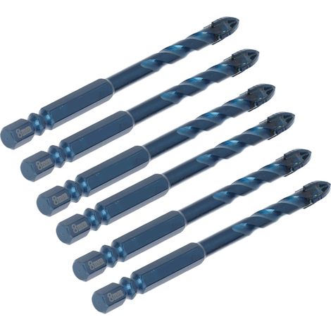 Lot de 10 forets à pointe en croix carbure avec queue hexagonale 1/4 pouce pour carrelage marbre verre bleu foncé trou 8mm (1/5)