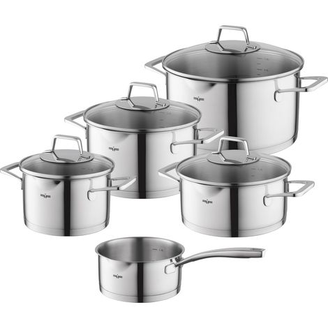 Set de 9 casseroles en acier inoxydable I Casseroles avec couvercle et poêle à manche I Verre doseur I Idéal pour les cuisinières à induction, à gaz et électriques (1/5)
