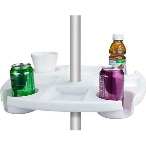 Plateau de table pour parasol de plage, rond de 42 cm, en plastique, porte-gobelet, porte-bière, plateau de rangement pour collations, pour jardin et piscine - Blanc (1/5)