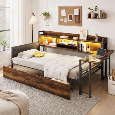CHICFURN Cama 90x200 cm de metal con escritorio abatible, LED y almacenaje, sin colchón (1/5)