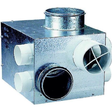 Unelvent – Caisson VMC GAZ pour extraction de combustion chaudière gaz – 1 piquage aspiration D 125 mm avec joint – 4 piquages D 80 mm – Refoulement D 160 mm (1/3)
