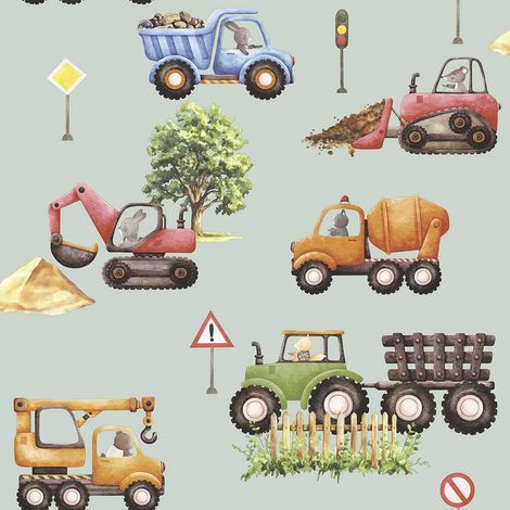 Papier peint engins chantier animaux fond vert (1/2)