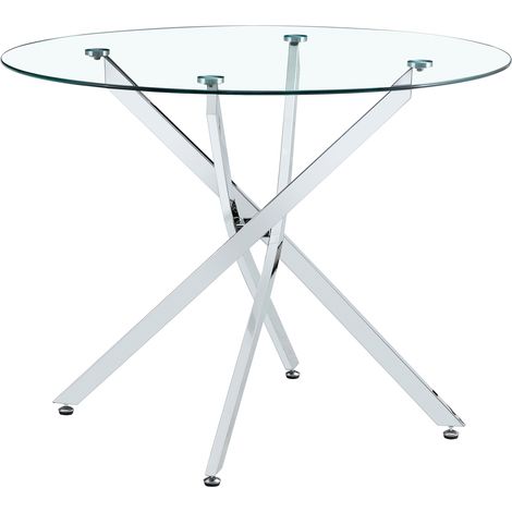Table à manger ronde au design léger et luxueux, 88 cm. Table à manger épurée en verre trempé avec structure métallique argentée, adaptée aux petits appartements, aux foyers et aux espaces repas. Pour