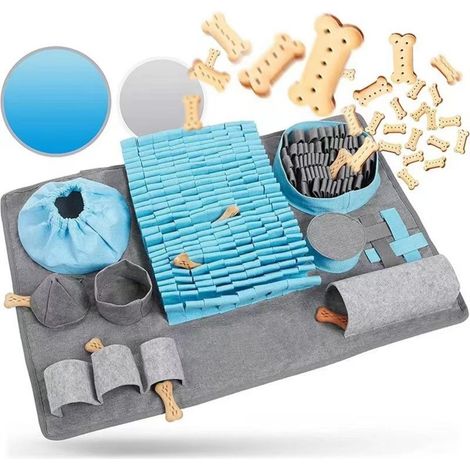 Snuffelmat - 66 x 42 cm - Antidérapante Tapis D'Enrichissement Pour Chiens - 10 Zones De Recherche - 3 Niveaux De Difficulté - Lavable En Machine - Bleu Et Gris (1/5)
