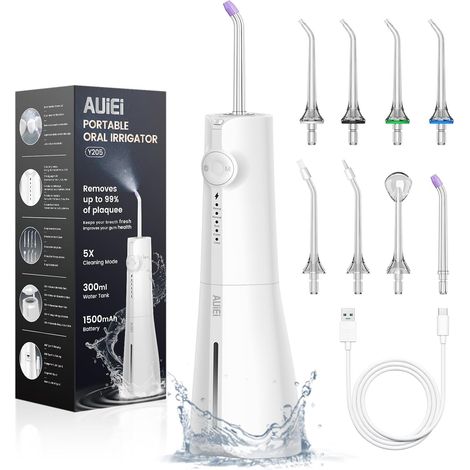 Jet Dentaire Hydropulseur Portable Water Flosser, Irrigateur Oral 5 Modes et 8 Buses,Réservoir 300ML, USB Chargé, Étanche IPX7,Convient Gencive Sensible (Blanc) (1/5)