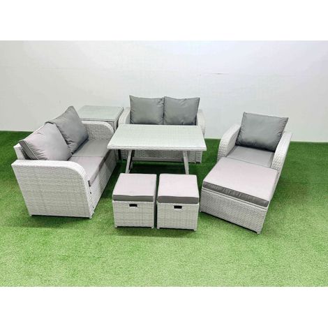 Fimous 8 Seater Outdoor Rattan Garden Furniture Set Love Sofa Reclining Chair Set with Rectangular Dining Table Side Table 3 Footstools Light Grey (1/4)