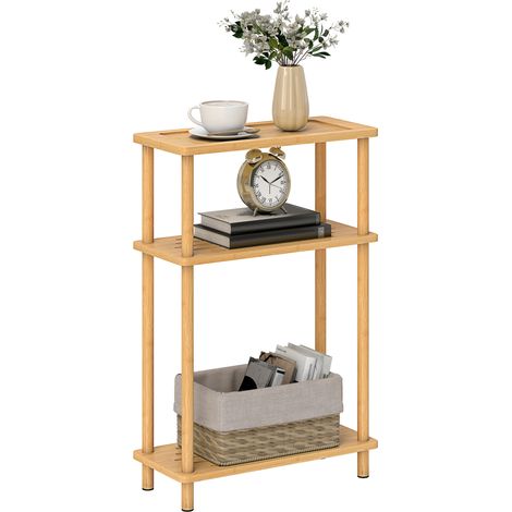 HOMCOM 3-Tier Slim End Table, Tool-Free Assembly, Natural Wood Finish (1/5)