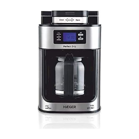 HAEGER Drip - Automatische Tropfkaffeemaschine de mit Mahlwerk, 1050W, Fassungsvermögen: 1.2L - Beheizte Schale zum Warmhalten, Fassungsvermögen de Mahlwerk: 60g, LCD Display, Timer de 24 Stunden