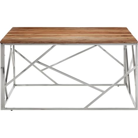 Table basse Table de salon Table de café argenté acier inoxydable et bois massif d'acacia (1/5)