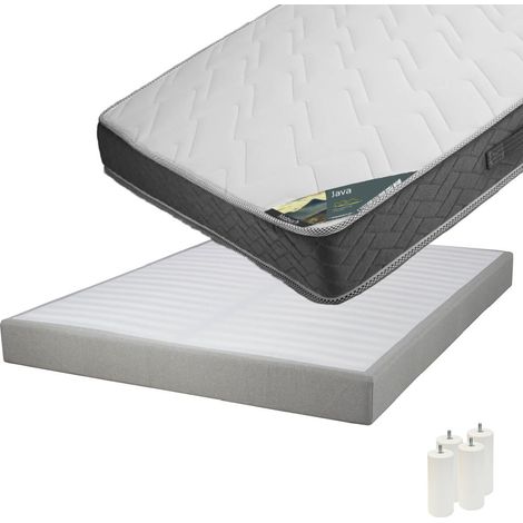 JAVA - Pack Matelas 140x190 + Sommier Tapissier Démontable 2x20 Lattes Lin + Pieds Blancs 15cm (1/5)