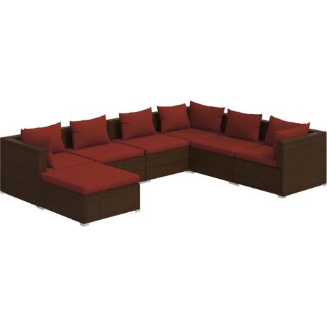 Salon de jardin 7 pcs Mobilier de jardin avec coussins Résine tressée Marron (1/5)