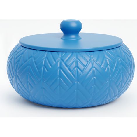 Scatola portagioie blu con coperchio decorativo per la toeletta.