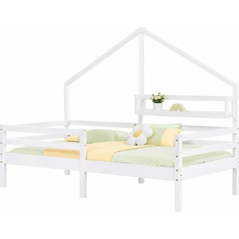 Letto a casetta per bambini 90x200 cm con libreria posteriore, sponde di sicurezza, stile scandinavo bianco, in legno di pino e MDF E1 - CHICFURN (1/5)