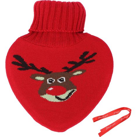 Bouillotte en caoutchouc en forme de cœur, 800 ml, motif renne, tricotée, idéale pour Noël et la Saint-Valentin. (1/5)