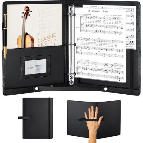A4 Notenhalter: Notenhalter für Chöre, Notenhalter für Notenblätter mit Innentasche und Handschlaufe, Notenordner aus PU-Leder mit 3 Ringen für Musikinstrumente (Schwarz) (1/5)