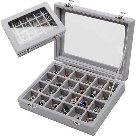 Boîte à bijoux de rangement à 24 compartiments, doublée de velours, avec couvercle en verre, pour bagues, boucles d'oreilles et colliers. (1/5)