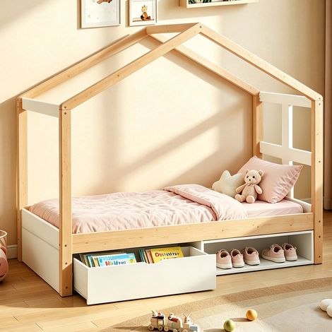 Lit en bois 90×190 cm,avec tiroirs et petite armoire à chaussures,éclairage LED multicolore,cadre à lattes,lit simple,lit jeunesse,couleur bois (1/5)
