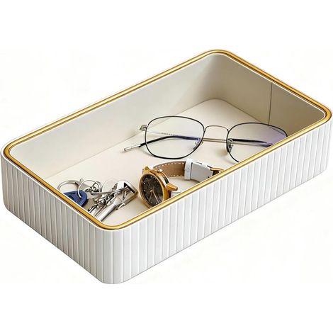 Plateau décoratif de luxe – Plateau de rangement en similicuir pour parfums, clés, portefeuille et autres objets idéal pour table de chevet, entrée, coiffeuse couleur : blanc