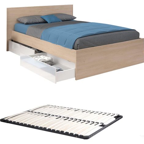 Letto con 2 cassetti 140 x 190 cm Naturale e Bianco lucido + Rete a doghe - VELONA (1/5)