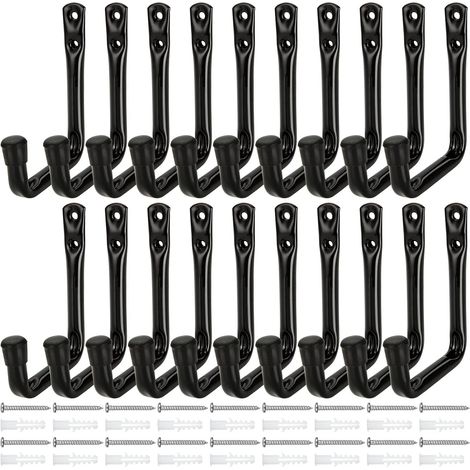 Juego de 20 ganchos de almacenamiento, 12 x 9 cm, ganchos de pared para garaje, carga máxima 20 kg, ganchos de pared para garaje con 18 tornillos y tacos de expansión para escaleras, sillas plegables  (1/5)