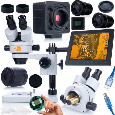 Kit de microscopio Rosfix Mercury Pro MSMP-T-PS1 + c谩mara Crux PRO KMCP-HDMI-USB de 5 MP de la serie Plantes PRO + soporte para pantalla + pantalla de 8".