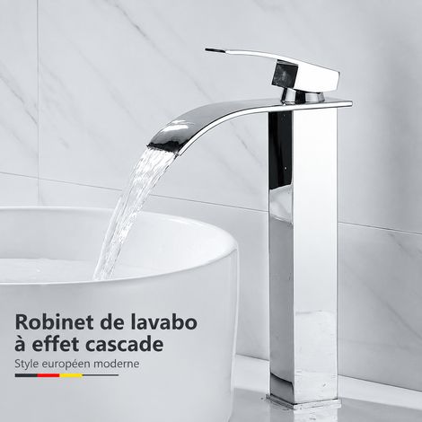 Robinet Mitigeur Lavabo Salle de Bain, Modèle Haut à Bec Plat, Argenté, Cartouche Céramique 35 mm, 1,2 kg, Sans Tuyaux d'Arrivée d'Eau – Livraison gratuite (1/3)