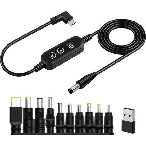 Cable Adaptateur USB C PD vers DC de Charge Rapide 5V,9V,12V,15V,20V Tension Réglable Type C à Angle Droit vers DC 5,5x2,1mm Prise Universelle Câble d'alimentation 60W avec 10 Convertisseur (1/5)