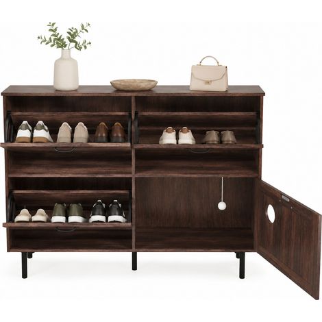 CHICFURN Meuble à chaussures fin avec 4 portes, 3 abattants pour 7 à 9 paires, rangement d’entrée avec jouet intégré pour chat, style bois foncé et pieds noirs (1/5)