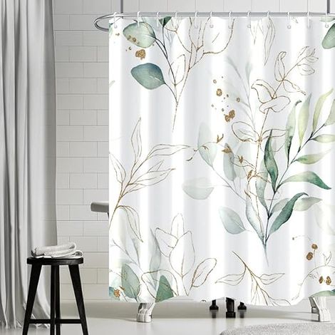 1 rideau de douche à motifs de feuilles d'eucalyptus vertes.