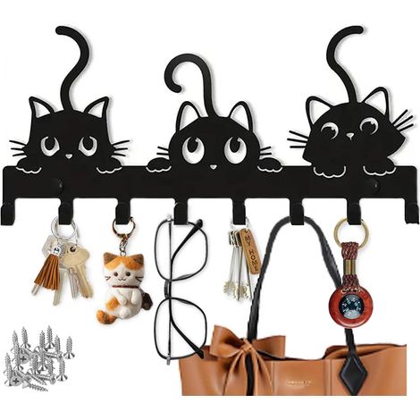 Plaque à clés décorative avec 8 crochets, en métal, rangement de clés avec motif chat pour couloir, appartement, salon et cuisine (3 chats)