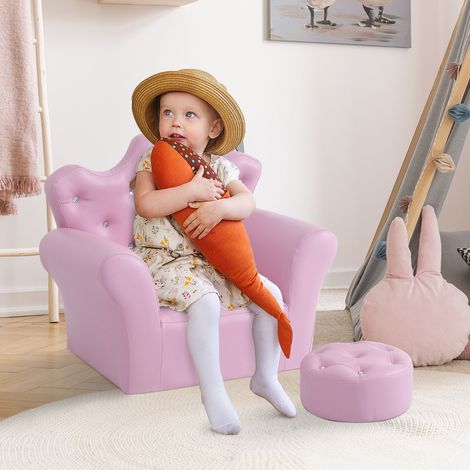 Canapé enfant HOMCOM avec repose-pieds, fauteuil enfant décoratif avec dossier haut en forme de couronne et accoudoirs rembourrés, 58 x 40,5 x 49 cm, rose (1/5)