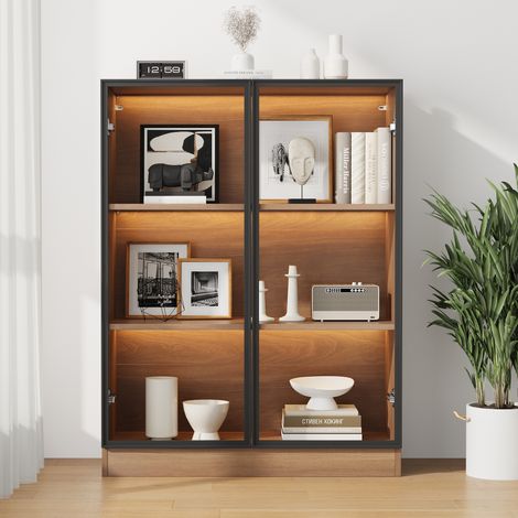 Vetrina in vetro con illuminazione a LED, 80x30x106 cm, 3 ripiani, ante in vetro con telaio in alluminio, noce naturale