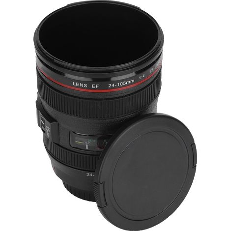 Mug de voyage portable pour café, thé ou autre boisson, avec couvercle et effet objectif d'appareil photo. (1/5)