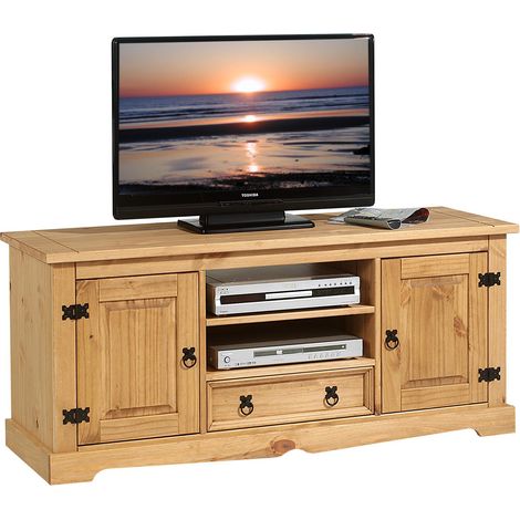 Idimex – Meuble TV en pin massif – Finition cirée antique – 1 tiroir, 2 niches, 2 portes – Dimensions 61x140x47 cm (1/4)