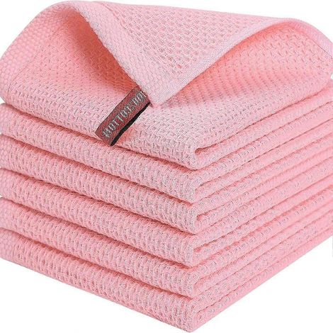 Lot de 6 torchons de cuisine 34x34cm en coton gaufré, séchage rapide et absorbants, avec cintre, rose clair (1/5)