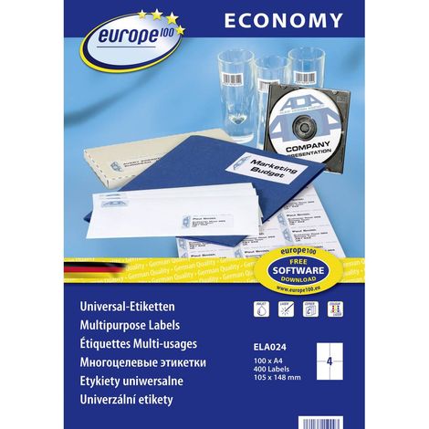 Europe 100 ELA024 Etichetta universale 105 x 148.5 mm Carta Bianco 400 pz. A tenuta permanente Stampante a getto d'inch (1/2)