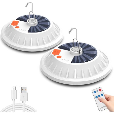Lot de 2 Lampe Camping Solaire, Lampe Exterieur Rechargeable par USB avec Télécommande, 5 modes avec crochet, Lanterne de Camping Étanche Portable pour la randonnée, la pêche, les urgences