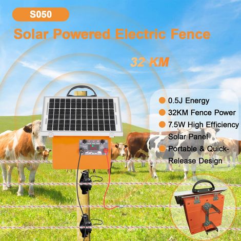 Électrificateur de Clôture Solaire 0,5J Appareil de Clôture Électrique 12V 32KM pour Animaux Chevaux Bovins Moutons Camping