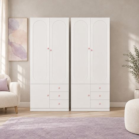 Lot de 2 armoires penderies blanches en MDF laqué, avec 2 portes, 3 tiroirs, tringle et étagères, poignées roses en céramique, 80 x 50 x 200 cm chacune – CHICFURN (1/5)
