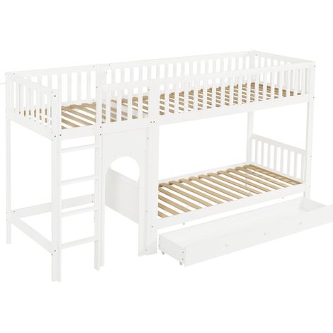 Letto a castello per bambini 90x200 cm bianco con scala dritta a 4 gradini e sponde 4 lati (1/5)