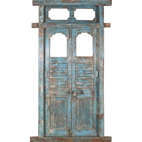 Porte d'entrée en bois massif et fer forgé pour intérieur ou extérieur, ancienne et médiévale, avec cadre et vitrage. (1/5)