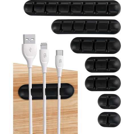 7 clips para cables, organizador de escritorio, organizador de gestión de cables, multifuncional, varios tamaños, kit de clips para cables, adhesivo fuerte, para paredes, televisores y armarios (negro (1/5)