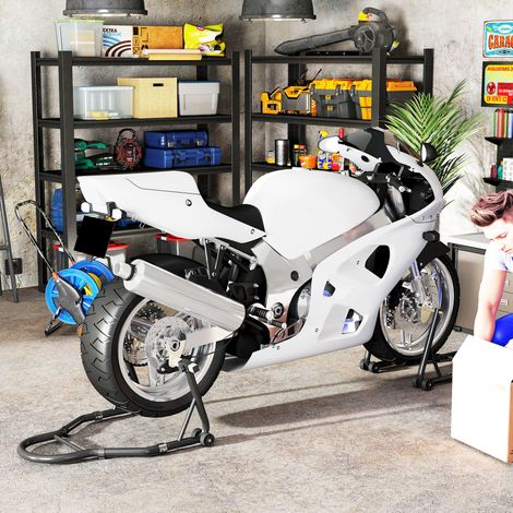 Béquille roue avant arrière charge 390 kg béquille d'atelier moto bras réglable en acier. fourche en forme de U + L noir