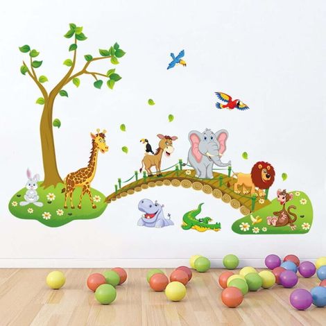 Animaux de la jungle Arbre Stickers muraux Lion Girafe Éléphant Marchant sur le pont Stickers muraux Chambre d'enfants Décoration murale Chambre de bébé Chambre de bébé Décoration murale