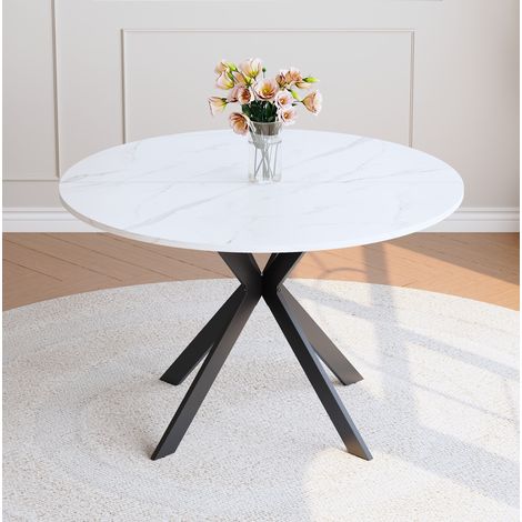 Runder Esstisch 110 cm Schwarz/Weiß aus MDF und Metall mit Marmoroptik und stabilem X-Gestell (1/5)