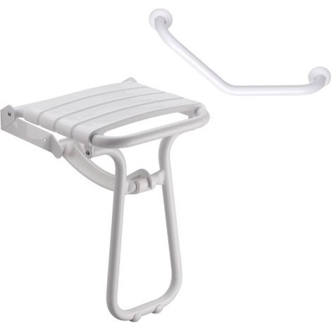 Pellet – Siège de douche escamotable PMR – Barre de maintien coudée – Charge 150 kg – Finition époxy blanche – Dimensions 380 x 355 x 500 mm (1/5)