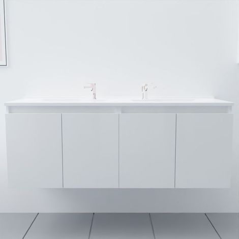 Cuisibane – Meuble double vasque 140 cm – Plan double vasque en résine de synthèse – 4 portes pivotantes avec amortisseurs – Caissons suspendus (1/4)