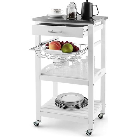 COSTWAY Carro de Servicio de 4 Niveles, Isla de Cocina Rodante con Encimera de Metal, Cajón Extraíble y Cesta de Alambre de Malla, Carro de Bar Móvil para Cocina Comedor, Blanco, 47 x 39 x 85 cm (1/5)